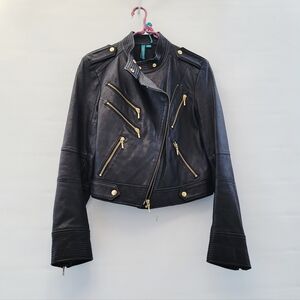 Truth+Pride Black Leather Moto Jacket Size Large Minimalist Classic Gold Neutral